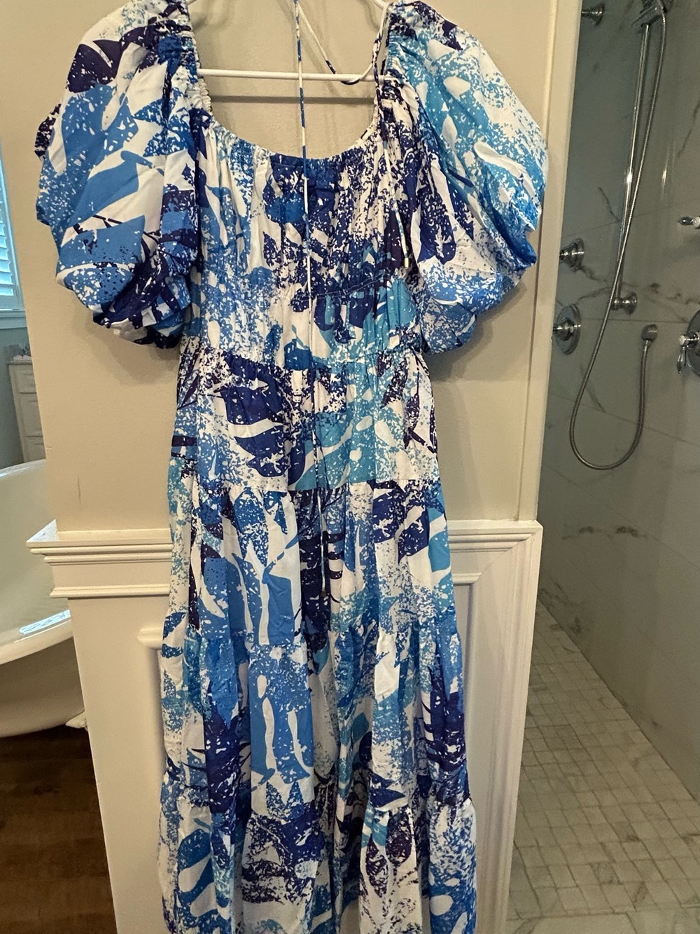 Blue & White Puff Sleeve Maxi Dress by Aleeza Paris